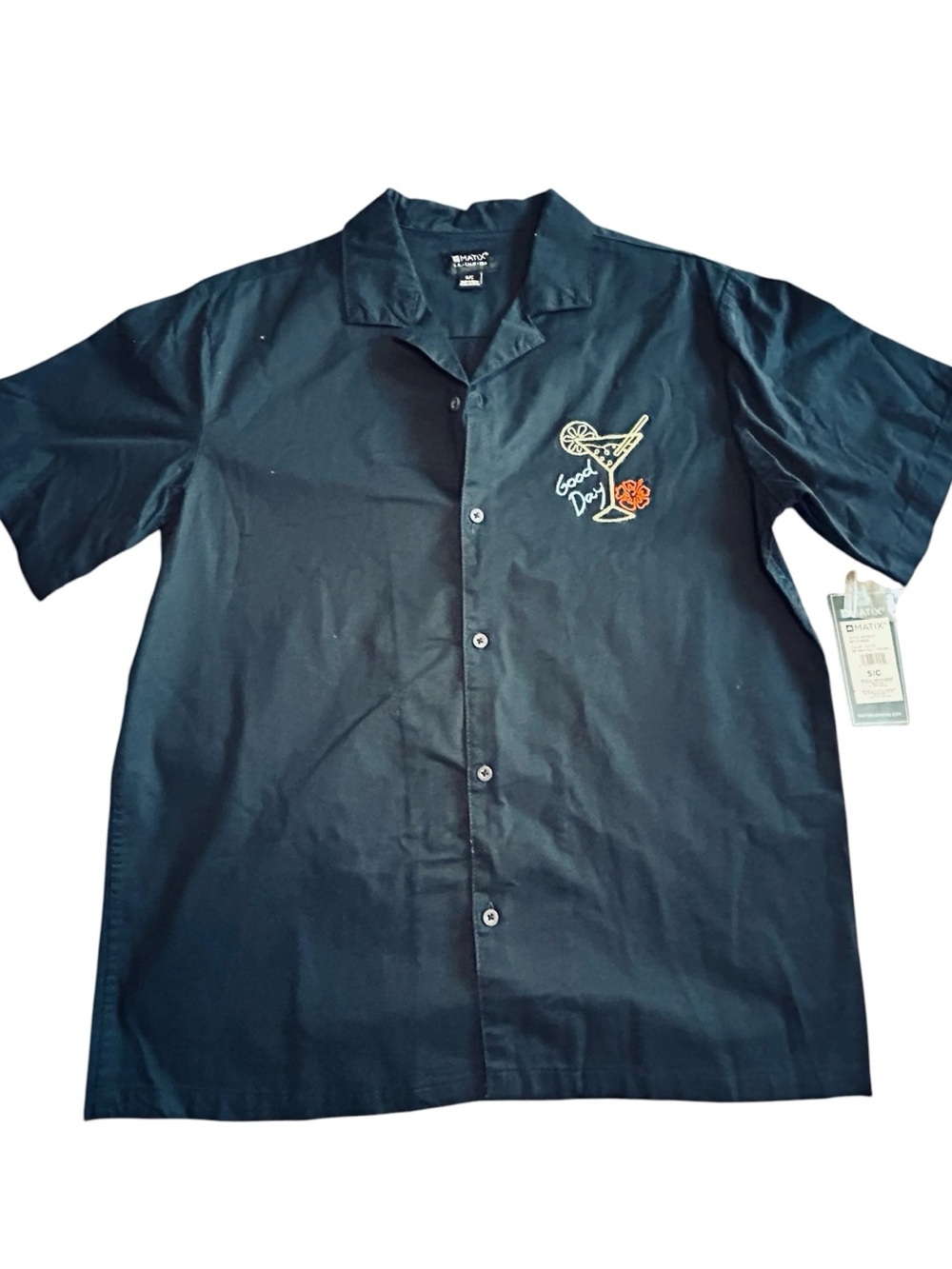 Matix Black Short-Sleeve Button-Down Camp Shirt with Chest Motif